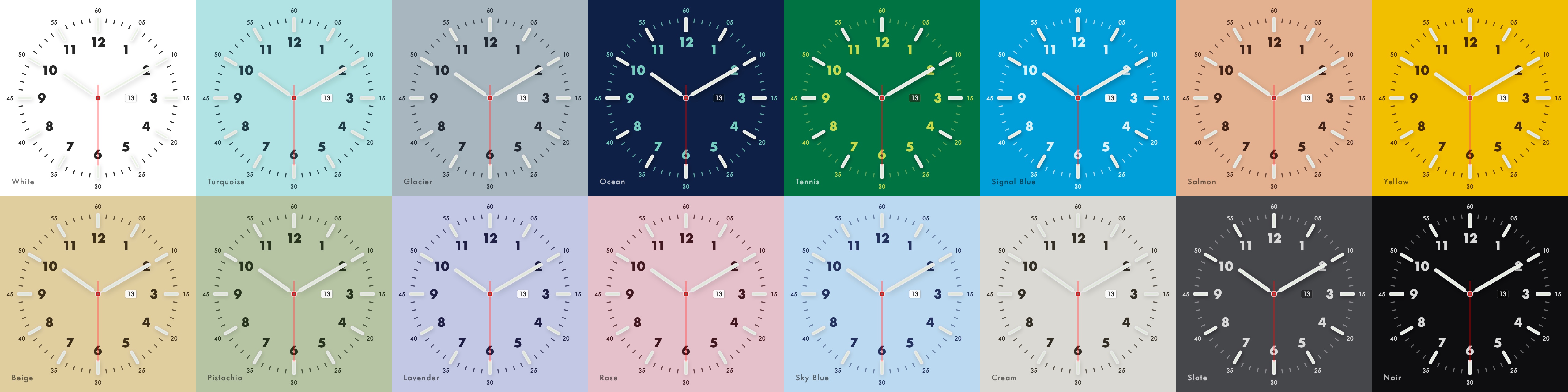 All 16 Chronoface dial themes, each rendered with its own ticks, hands and date window